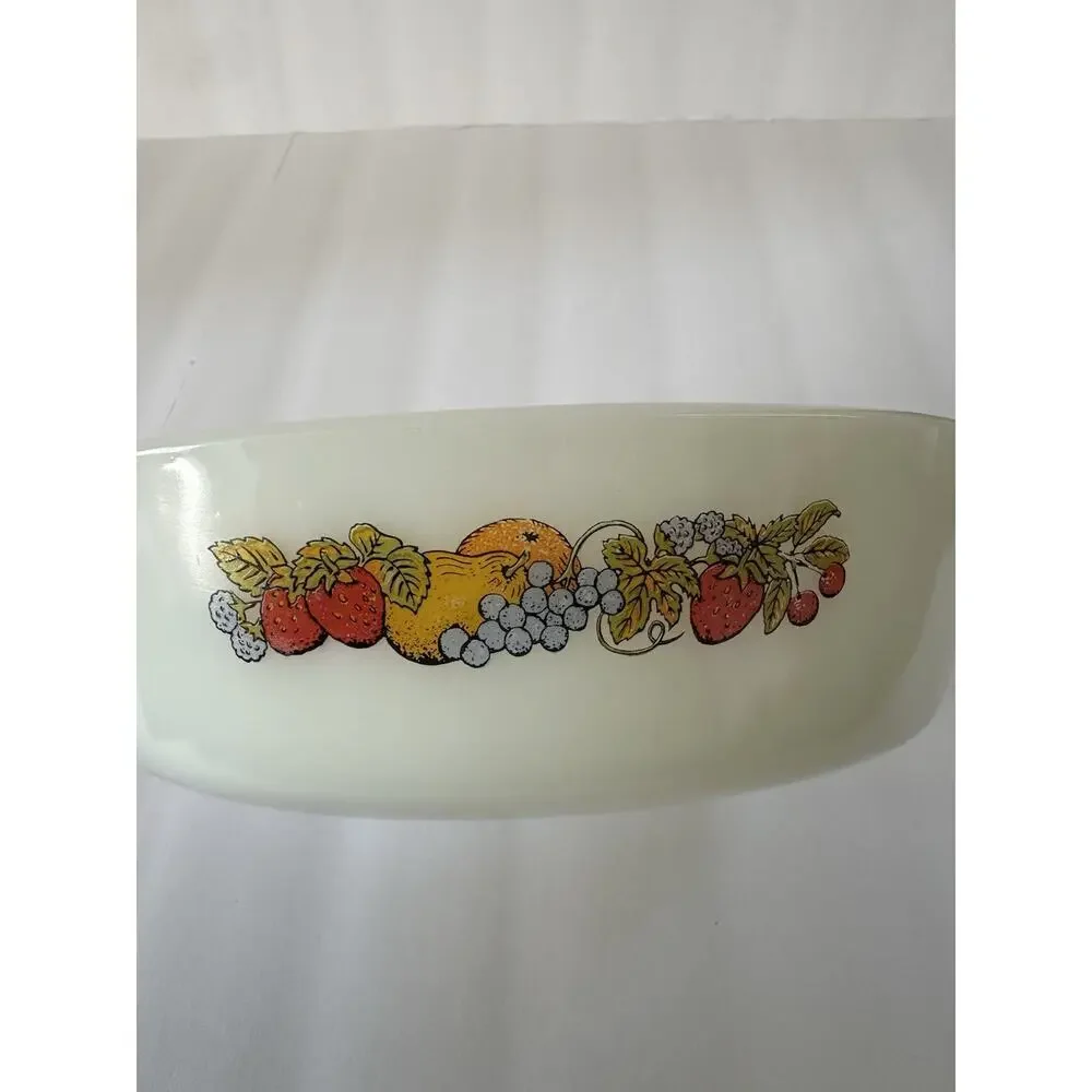 Vintage Fire-King Fruit Harvest #433 1.5 Qt Milk Glass Casserole Dish USA